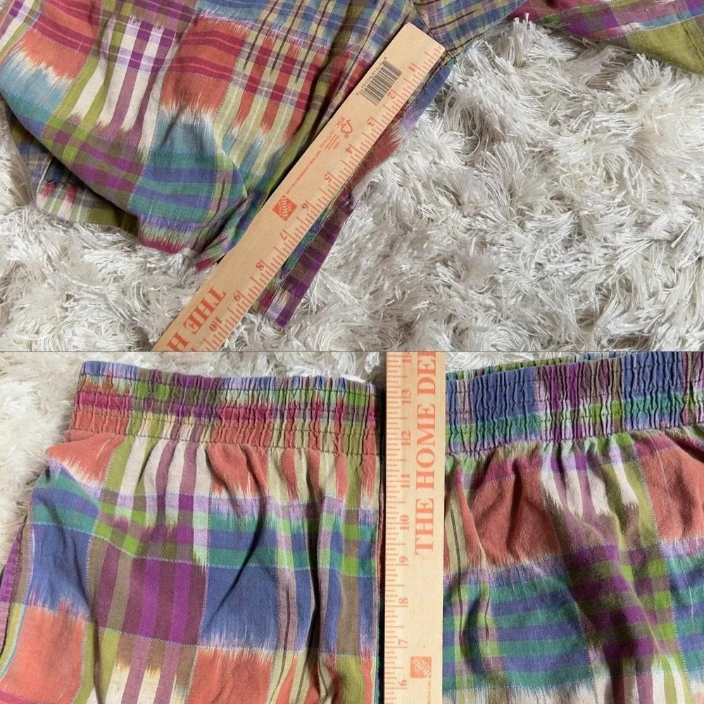 Vintage 80s Madras Plaid Elastic Waist Shorts Cotton Made in USA Mens Large